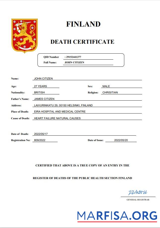 Blank Finland death certificate Word and PDF template